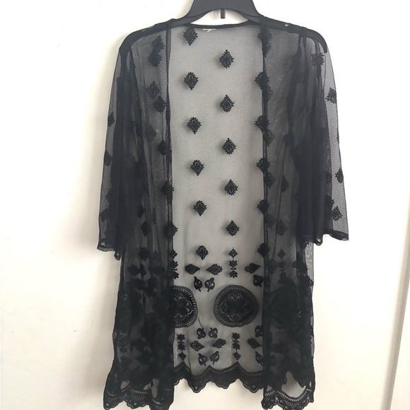Black Sheer Mesh Embroidered Kimono Cardigan fairy indie Whimsigoth Layering M - Picture 2 of 5
